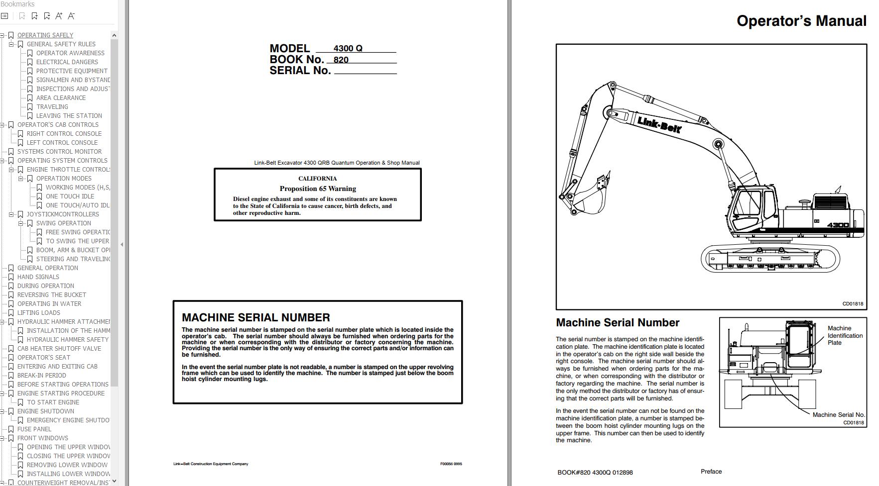 Link Belt Excavator 4300 QRB Quantum Operation Shop Manual 1