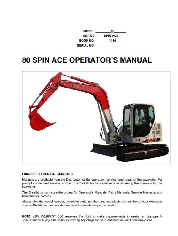 Link Belt Excavator 80 SPIN ACE SB Schematics Operation Shop Manual 2 1