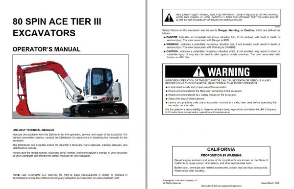 Link Belt Excavator 80 SPIN ACE SB Tier 3 Schematics Operation Shop Manual 2 1