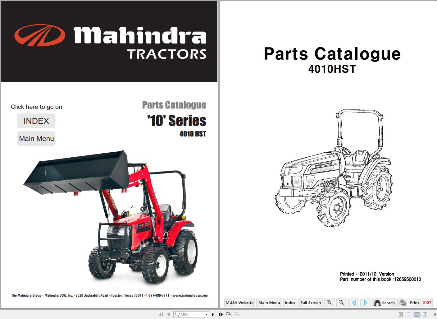 Mahindra Tractor 10 Series 4010 HST Parts Catalogue 12659500010 2011