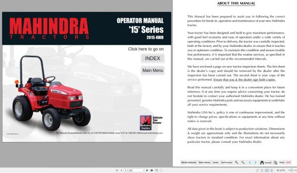 Mahindra Tractor 15 Series 2015 4WD Operators Manual 1
