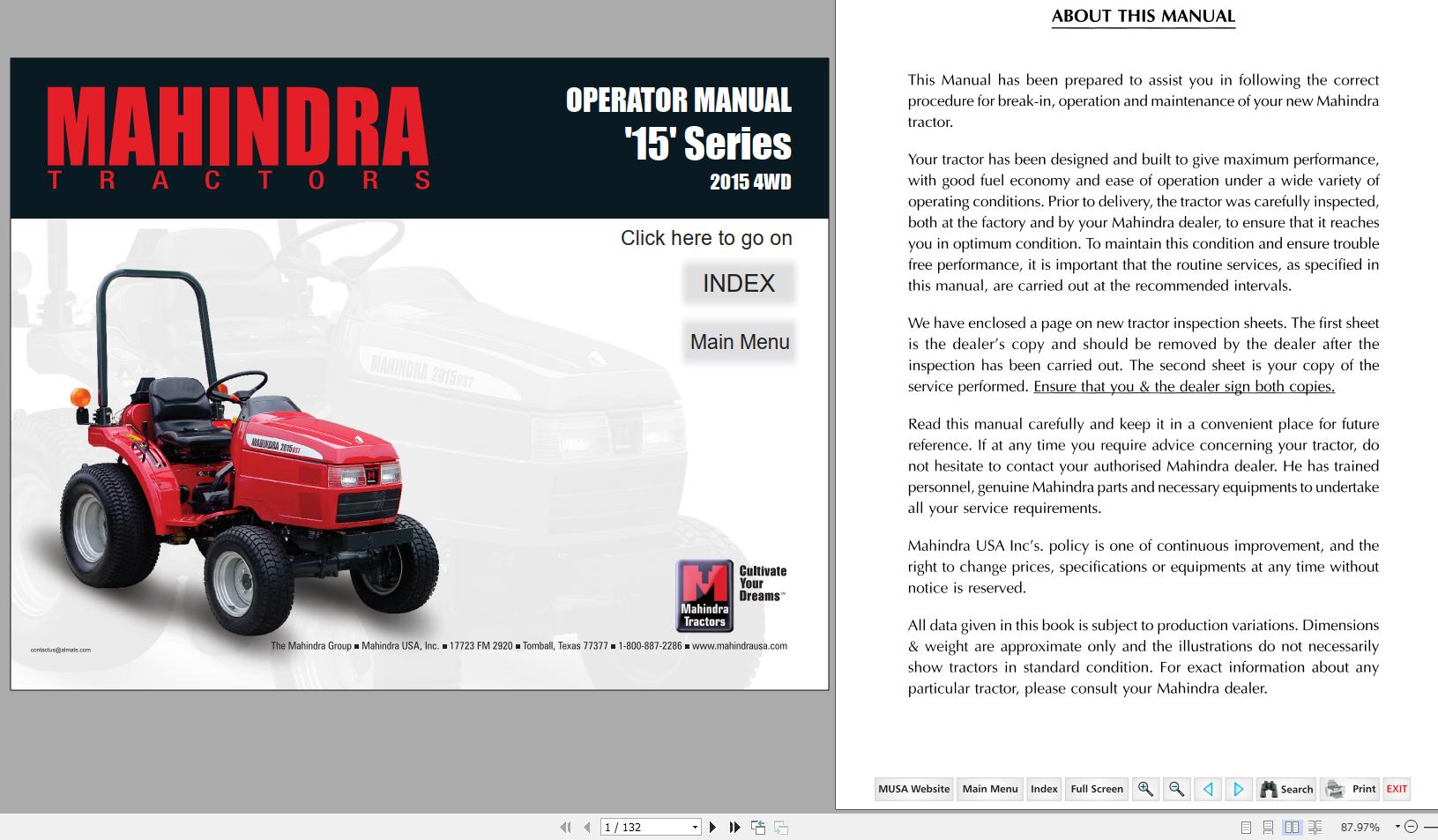Mahindra Tractor 15 Series 2015 4WD Operators Manual 1