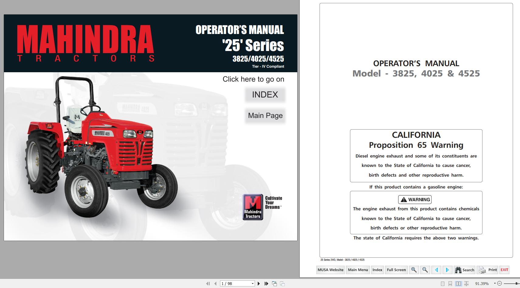 Mahindra Tractor 25 Series 3825 4025 4525 Operators Manual 1