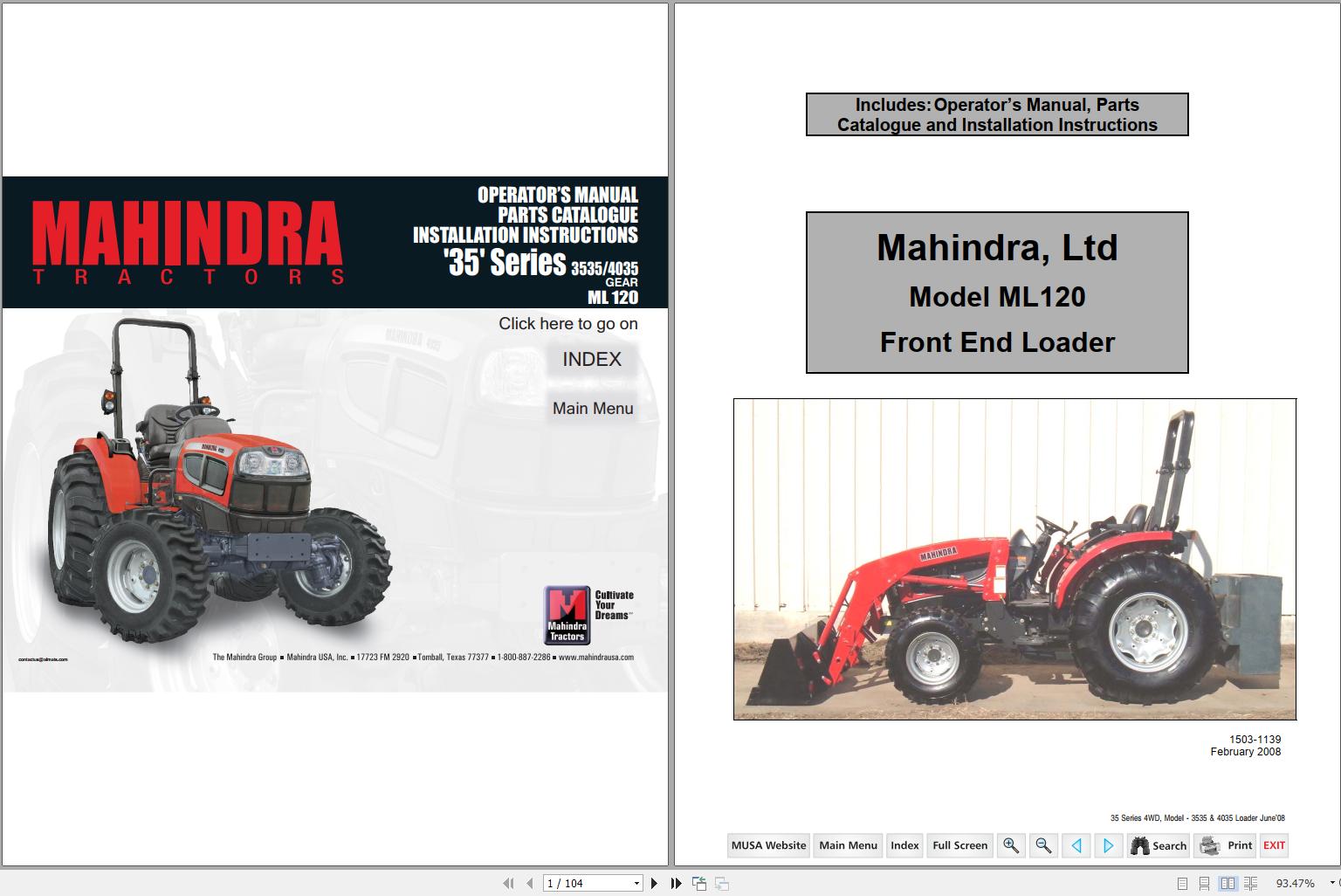 Mahindra Tractor 35 Series 3535 4035 Operators Manual Parts Catalogue Installation Instructions 2008 1