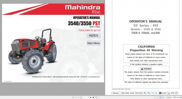 Mahindra Tractor 35 Series 3540 3550 PST Operators Manual 1