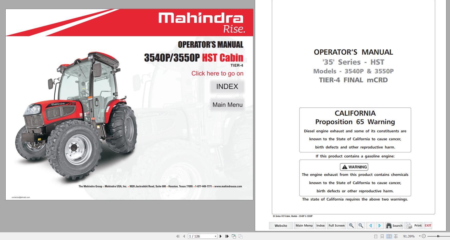 Mahindra Tractor 35 Series 3540P 3550P HST Cabin Operators Manual 1