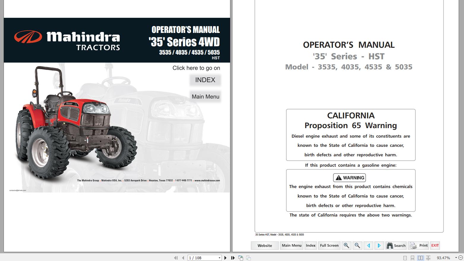Mahindra Tractor 35 Series 4WD 3535 4035 4535 5035 HST Operator