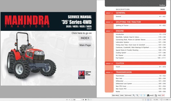 Mahindra Tractor 35 Series 4WD 3535 4035 4535 5035 Service Manual 2008 1