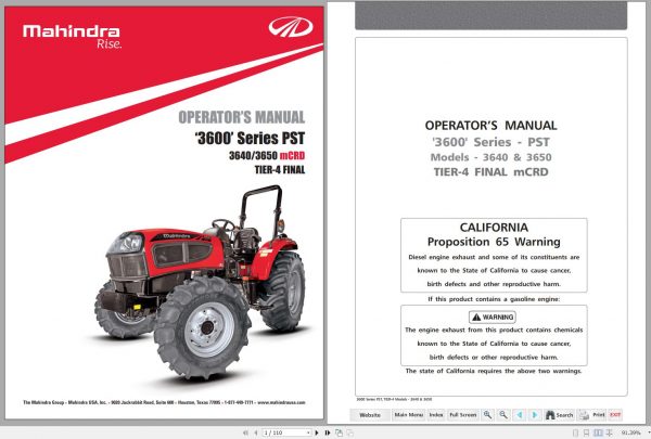 Mahindra Tractor 3600 Series 3640 3650 PST mCRD Operators Manual 1