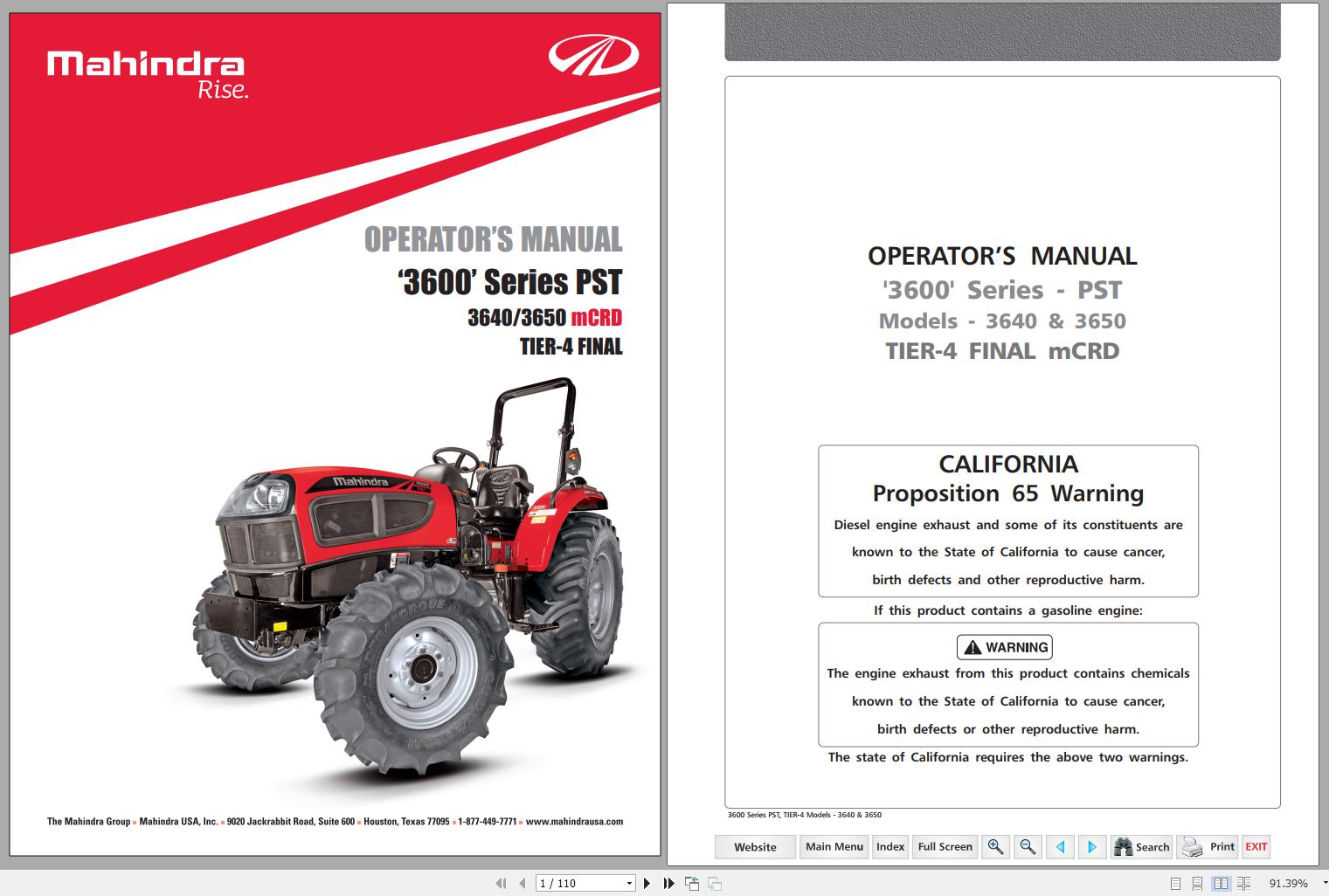Mahindra Tractor 3600 Series 3640 3650 PST mCRD Operators Manual 1
