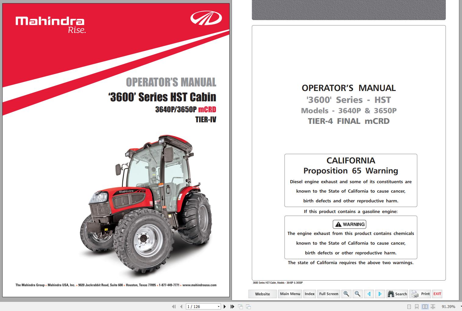 Mahindra Tractor 3600 Series 3640P 3650P HST Cabin mCRD Operators Manual 1