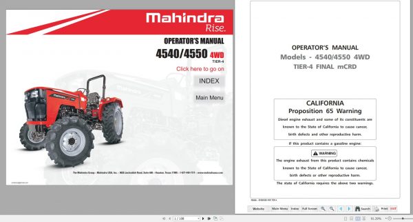 Mahindra Tractor 4540 4550 4WD Operators Manual 1