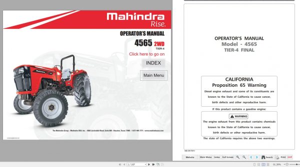 Mahindra Tractor 4565 2WD Operators Manual 1