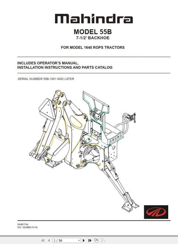 Mahindra Tractor 55B Backhoe for 1640 Operators Manual 55B 1001 2018 1
