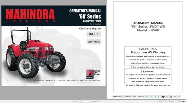 Mahindra Tractor 60 Series 8560 2WD 4WD Operators Manual 1