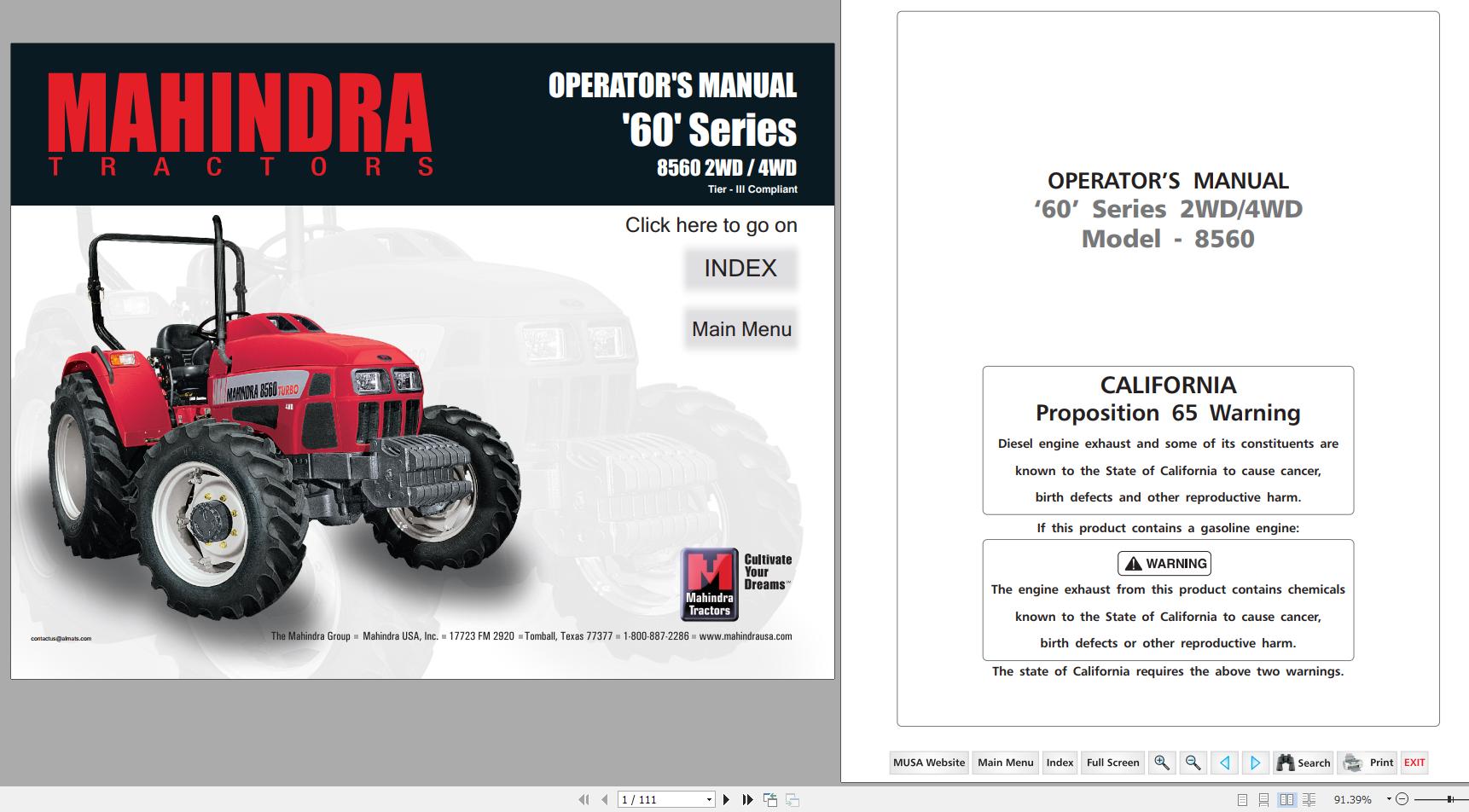 Mahindra Tractor 60 Series 8560 2WD 4WD Operators Manual 1