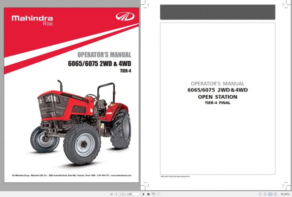 Mahindra Tractor 6065 6075 2WD 4WD Open Station Operators Manual 1