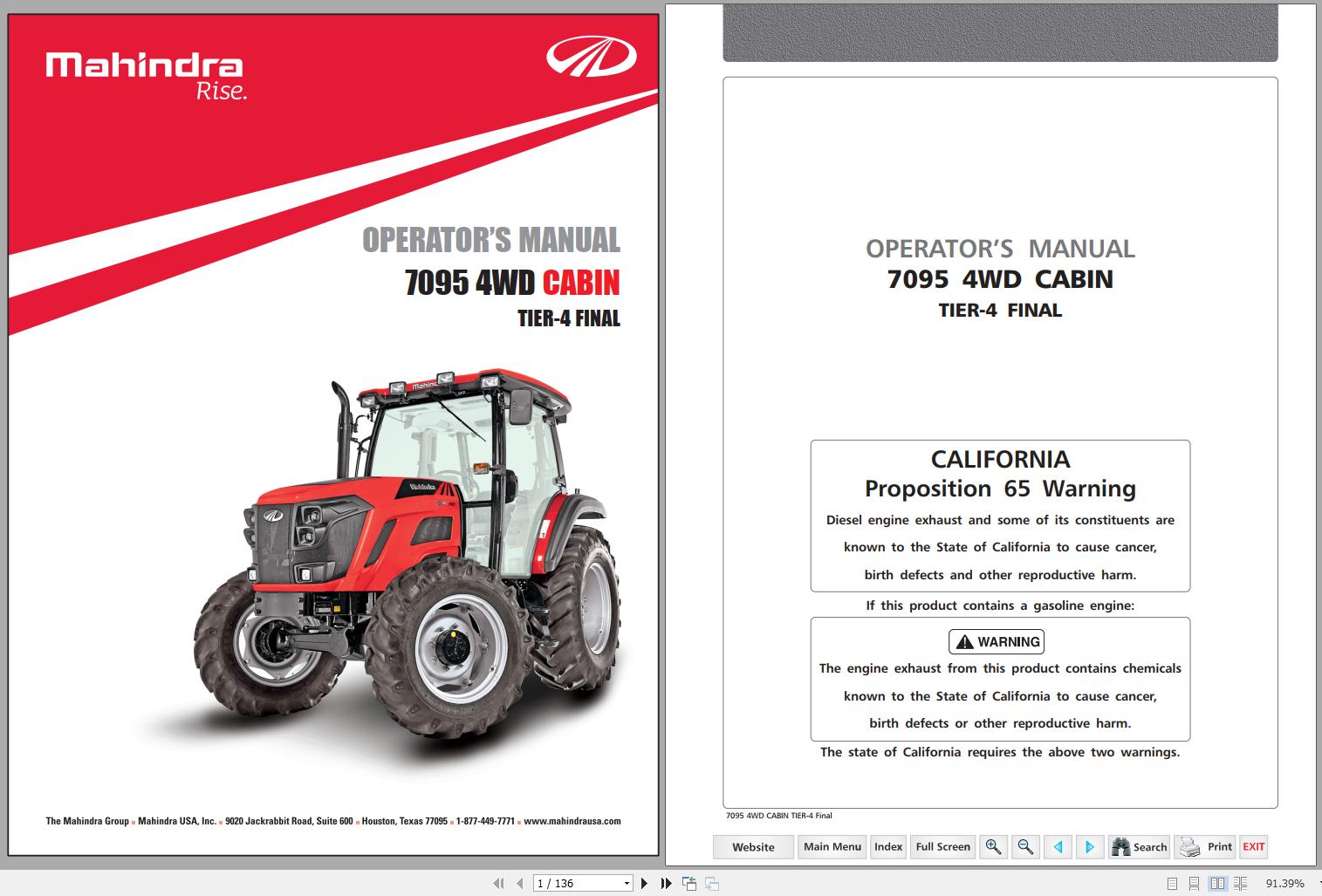 Mahindra Tractor 7095 4WD Cabin Operators Manual 1