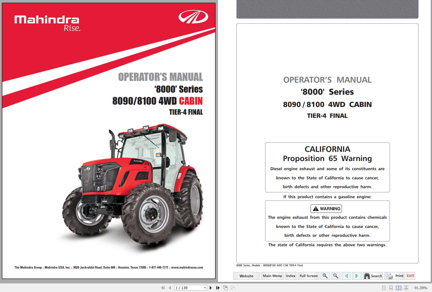 Mahindra Tractor 8000 Series 8090 8100 4WD Cabin Operators Manual 1