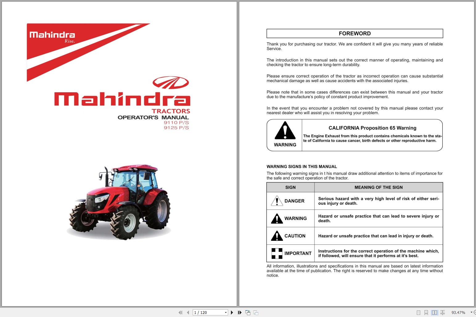Mahindra Tractor 9110 9125 P S Operators Manual 1