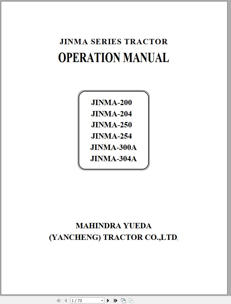 Mahindra Tractor JINMA 200 to JINMA 304A Operators Manual 1