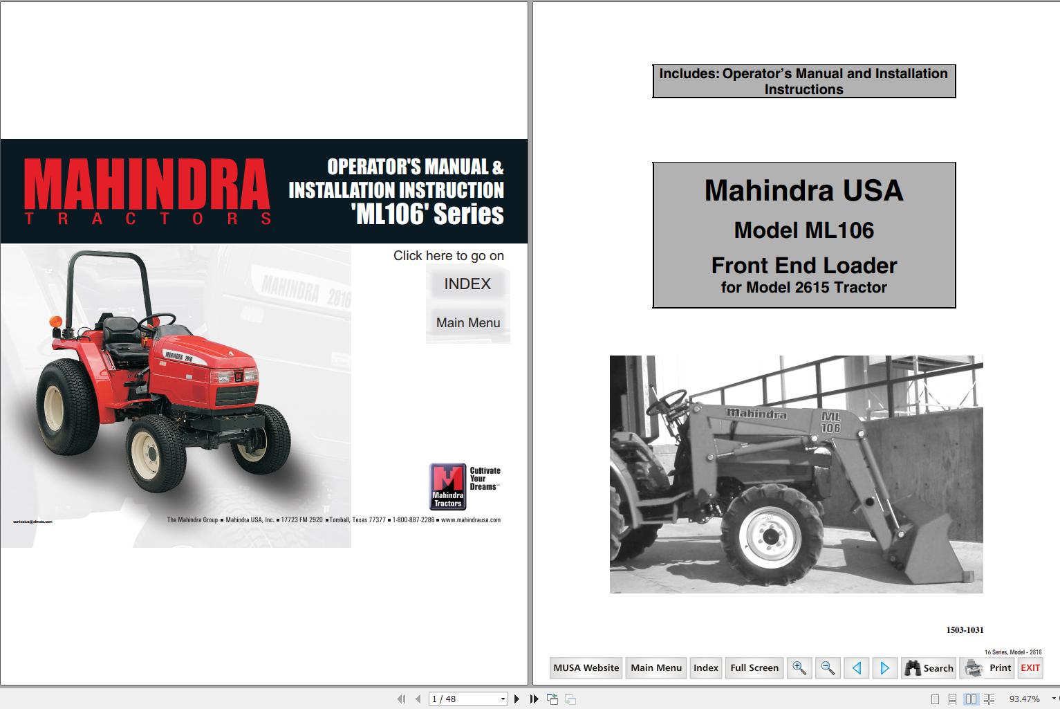 Mahindra Tractor ML106 Series Operators Manual Installation Instructions 1