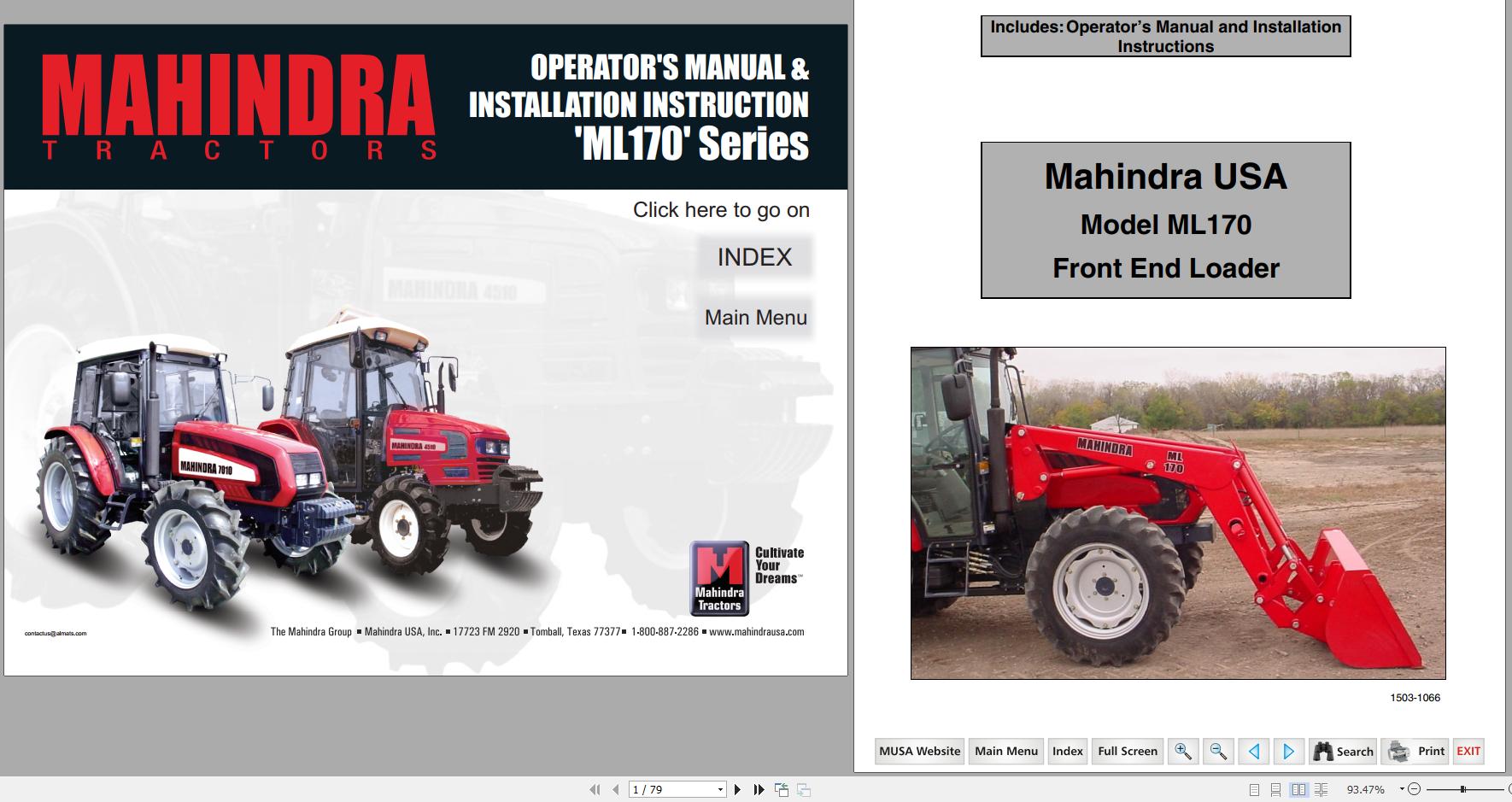 Mahindra Tractor ML170 series Operators Manual Installation Instructions 1