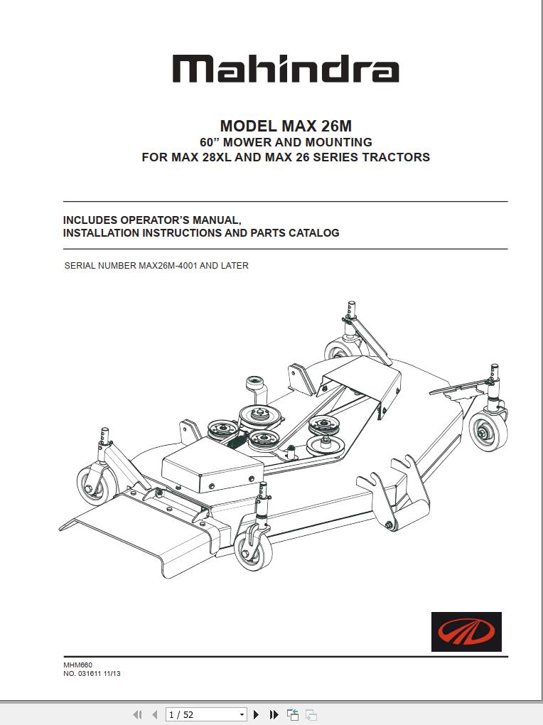 Mahindra Tractor Max 26 28XL Series MAX26M 4001 Mower Operators Manual 1