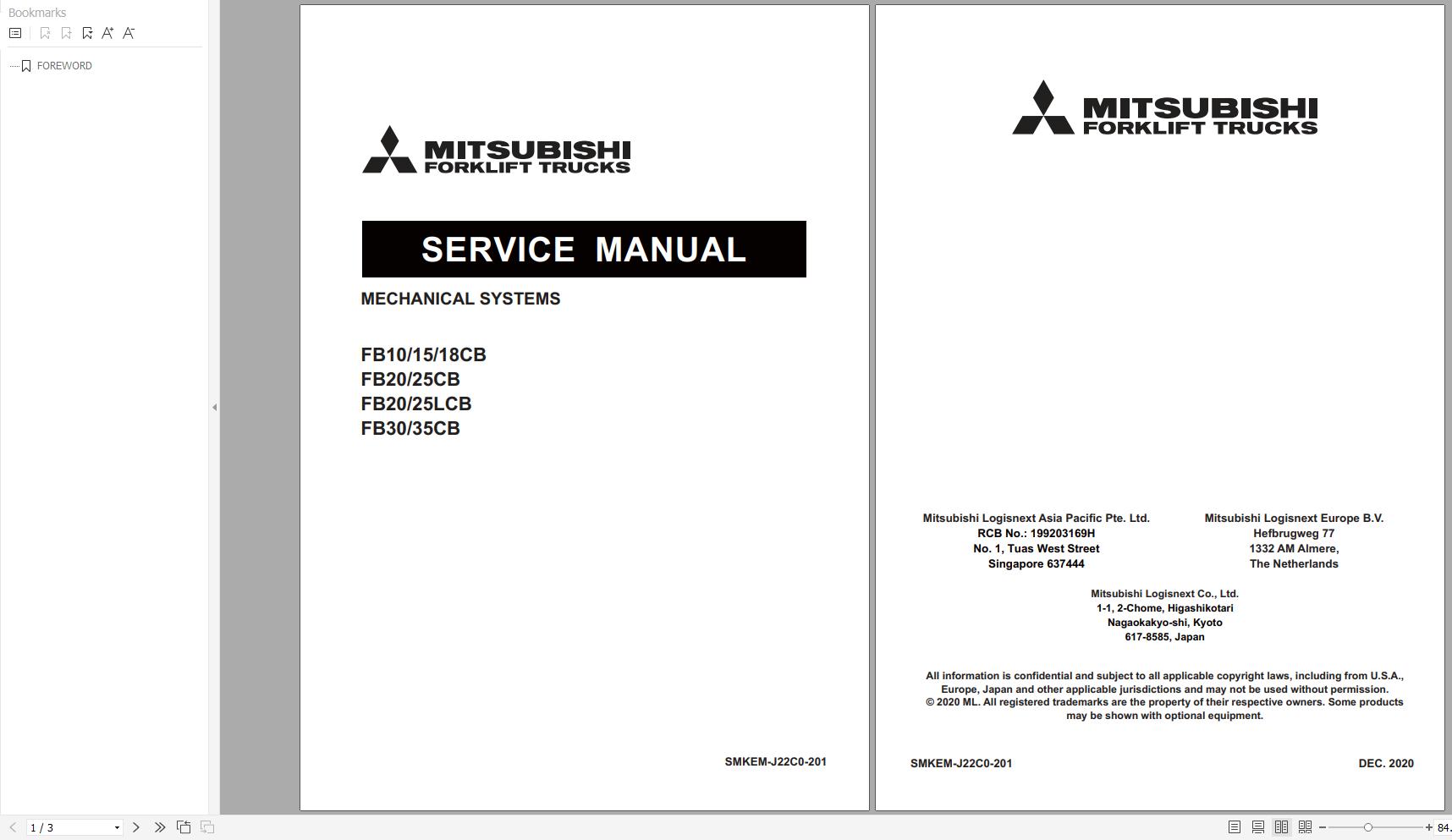 Mitsubishi Forklift MCFE FB10CB Service Manual 2020 1