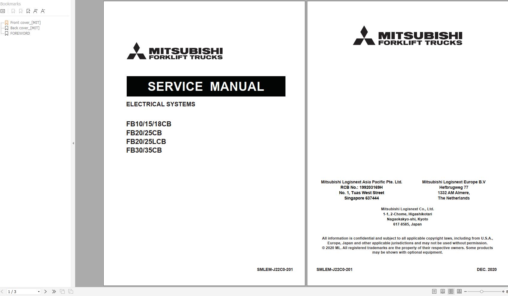 Mitsubishi Forklift MCFE FB18CB Service Manual 2020 1
