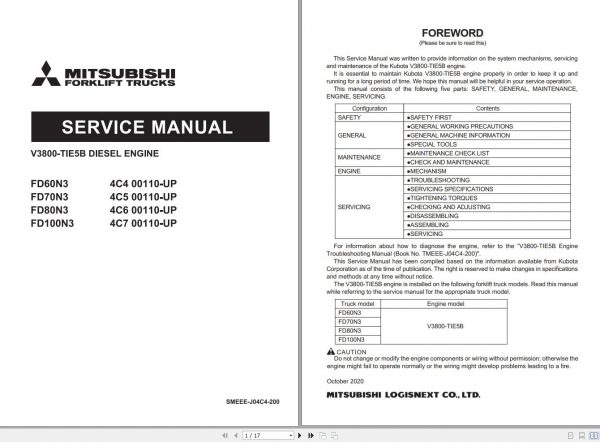 Mitsubishi Forklift MCFE FD80N3 Service Manual Trouble Shooting Manual 2021 1