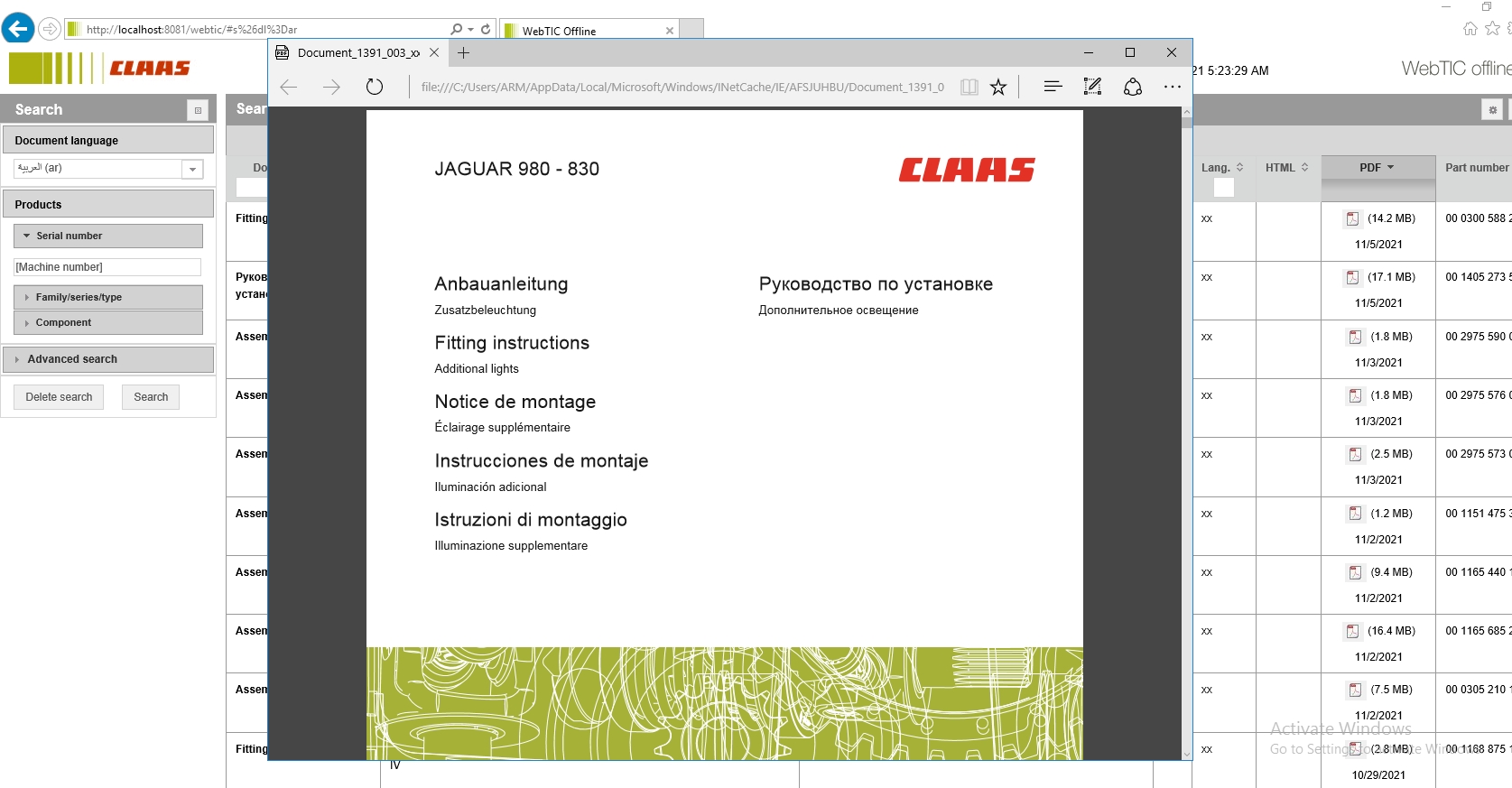 WebTIC AR Arab CLAAS WebTIC Offline AR 11.2021 Operator Manual Repair Manual Service Documentation DVD 3