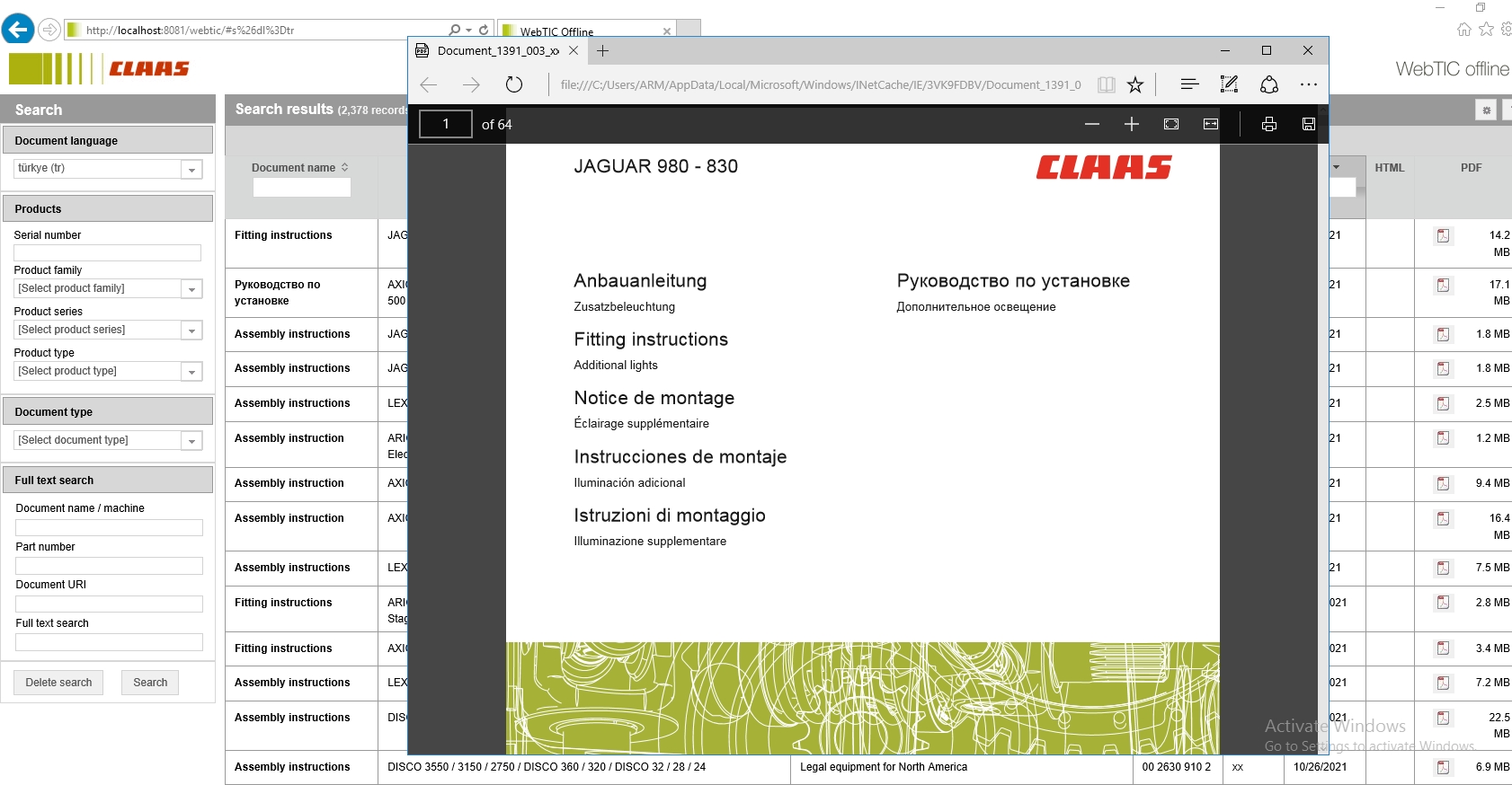 WebTIC TR Turkey CLAAS WebTIC Offline TR 11.2021 Operator Manual Repair Manual Service Documentation DVD 2