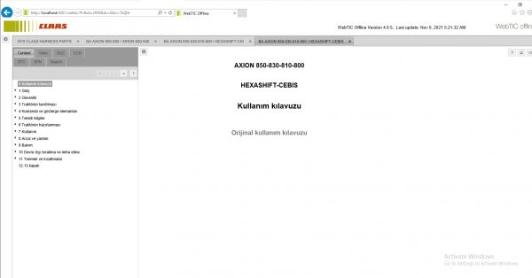 WebTIC TR Turkey CLAAS WebTIC Offline TR 11.2021 Operator Manual Repair Manual Service Documentation DVD 4