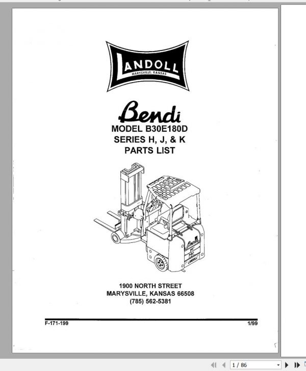 Bendi Forklift Model B30E180D Series H J K Parts Manual F 171 199 1