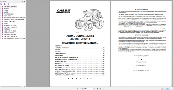 Case IH Tractors JXU75 JXU85 JXU105 JXU115 Service Manual 87679936A2 2010 1