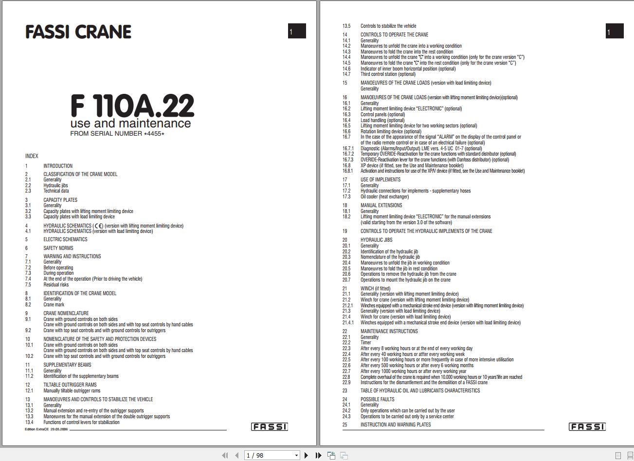 Fassi Cranes F110A.22 4455 Use and Maintenance Manual 2006 1