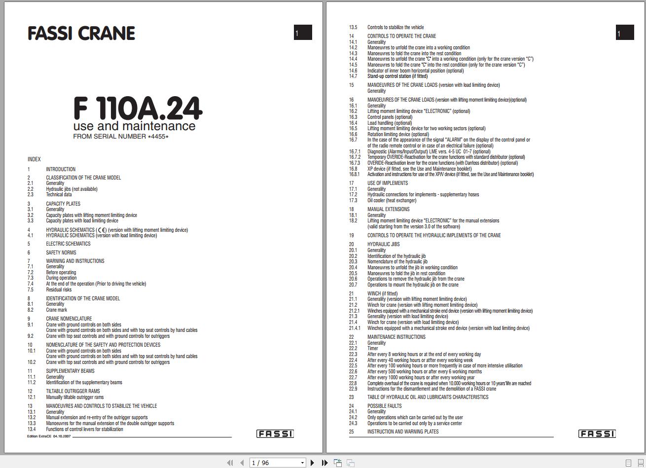 Fassi Cranes F110A.24 4455 Use and Maintenance Manual 2007 1