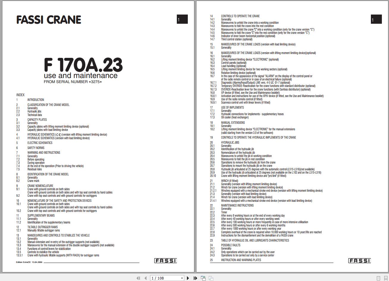 Fassi Cranes F170A.23 3275 Use and Maintenance Manual 2006 2