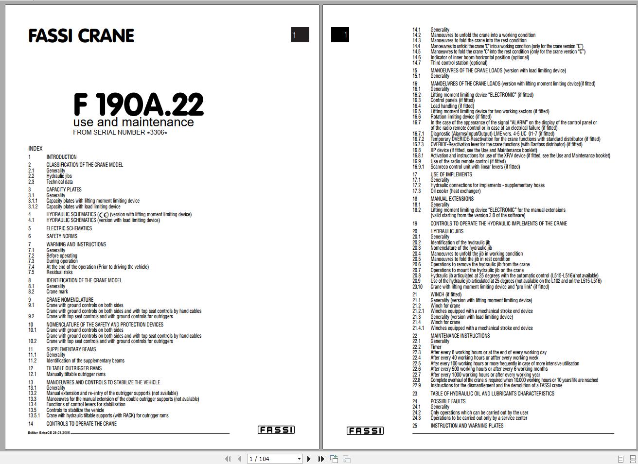 Fassi Cranes F190A.22 3306 Use and Maintenance Manual 2005 1