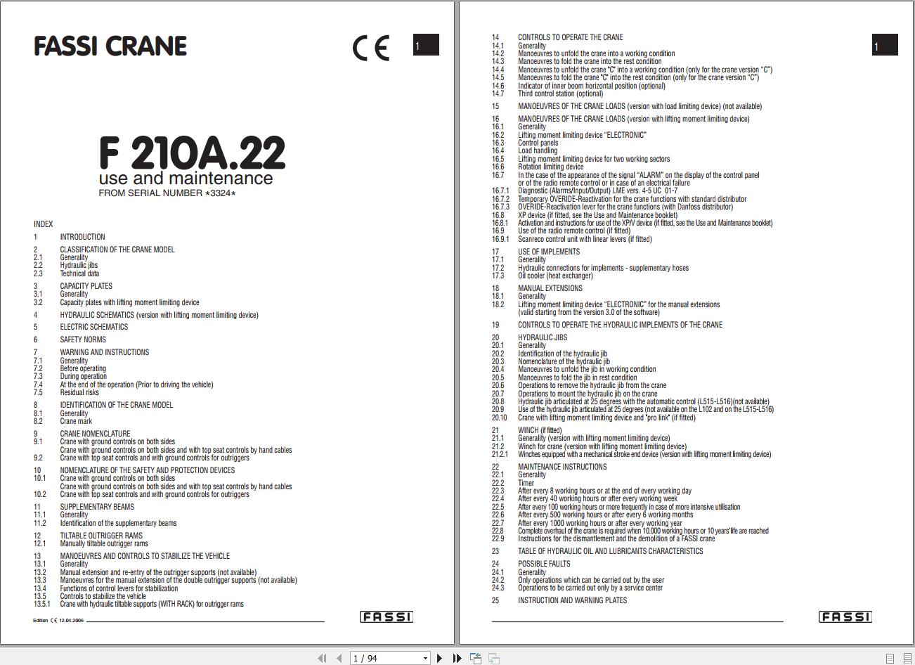 Fassi Cranes F210AF.22 3324 Use and Maintenance Manual 2006 1