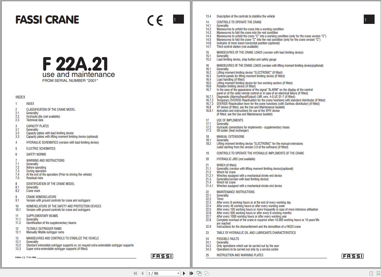 Fassi Cranes F22A.21 SN 2001 Use and Maintenance Manual 2006 1