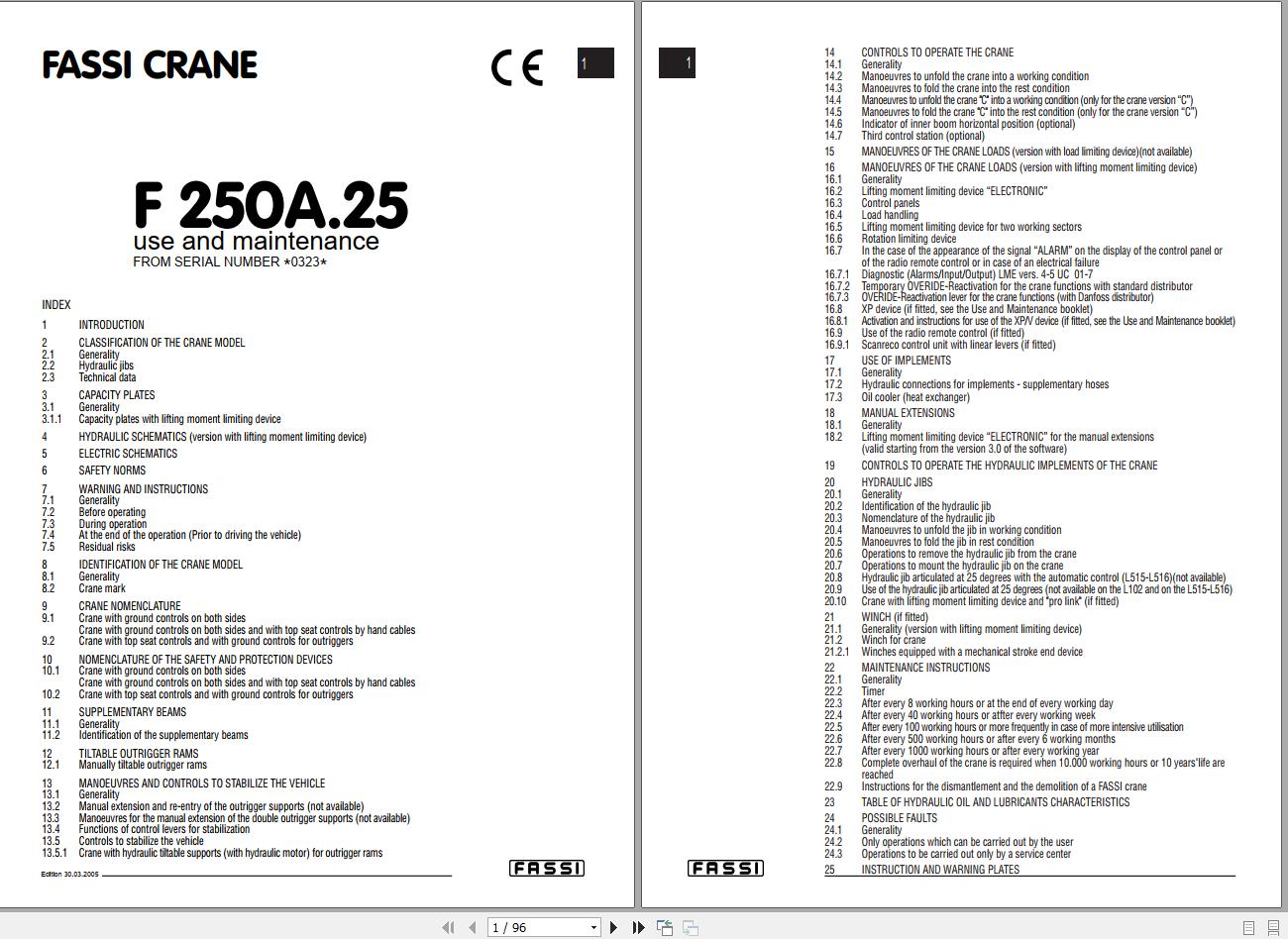Fassi Cranes F250A.25 0323 Use and Maintenance Manual 2005 1