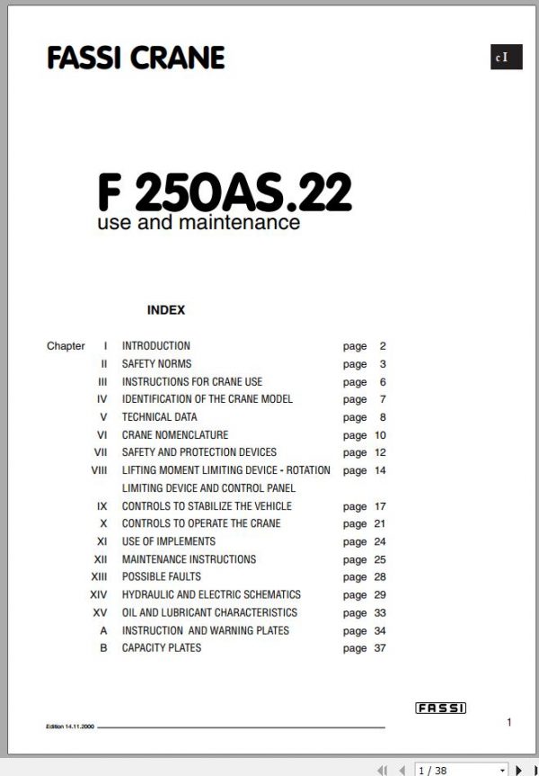 Fassi Cranes F250AS.22 Use and Maintenance Manual 2000 1