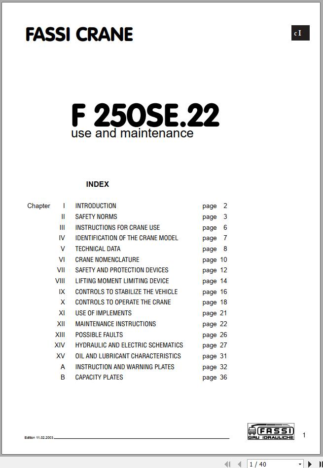 Fassi Cranes F250SE.22 Use and Maintenance Manual 2003 1