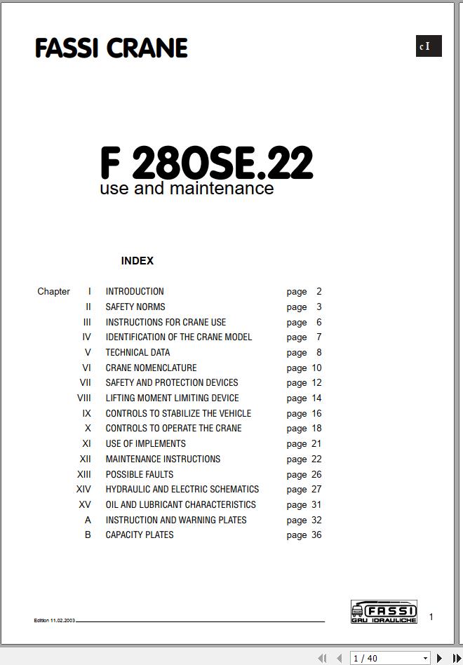 Fassi Cranes F280SE.22 Use and Maintenance Manual 2003 1