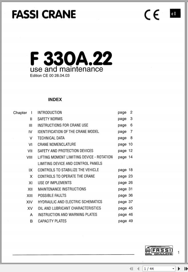 Fassi Cranes F330A.22 Use and Maintenance Manual 1