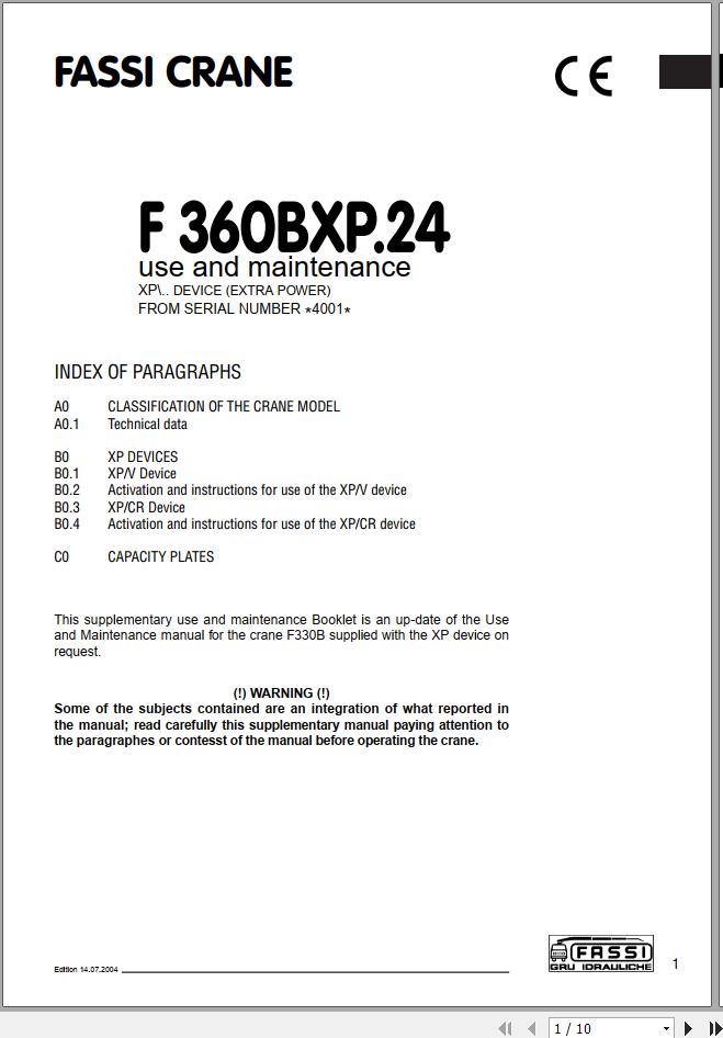Fassi Cranes F360BXP.24 4001 Use and Maintenance Manual 2004