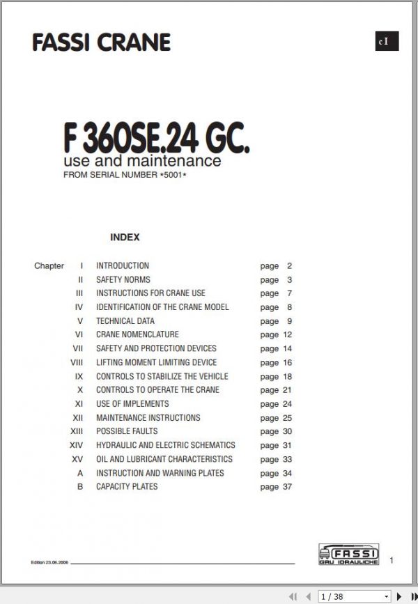 Fassi Cranes F360SE.24 GC 5001 Use and Maintenance Manual 2006 1