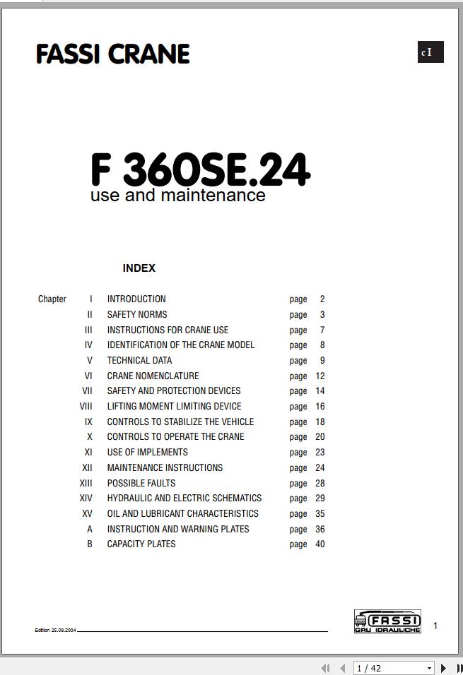 Fassi Cranes F360SE.24 Use and Maintenance Manual 2004 1